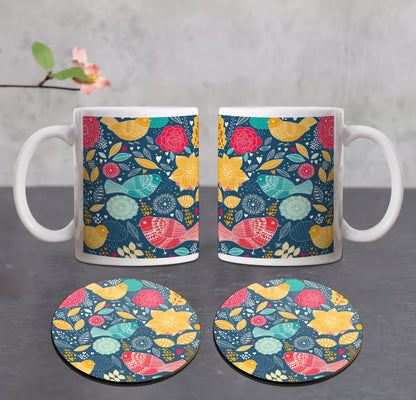 Birds and floral Seamless pattern Combo Mugs and Coaster(Set of 2 Mugs and 2 coasters) 330 ml Coffee Mug