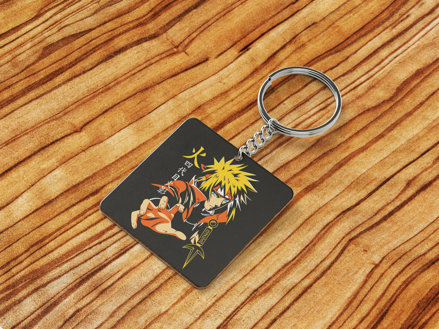 Namikaze Minato Yellow Flash design Printed Square Shape Wooden Keyring with Chain