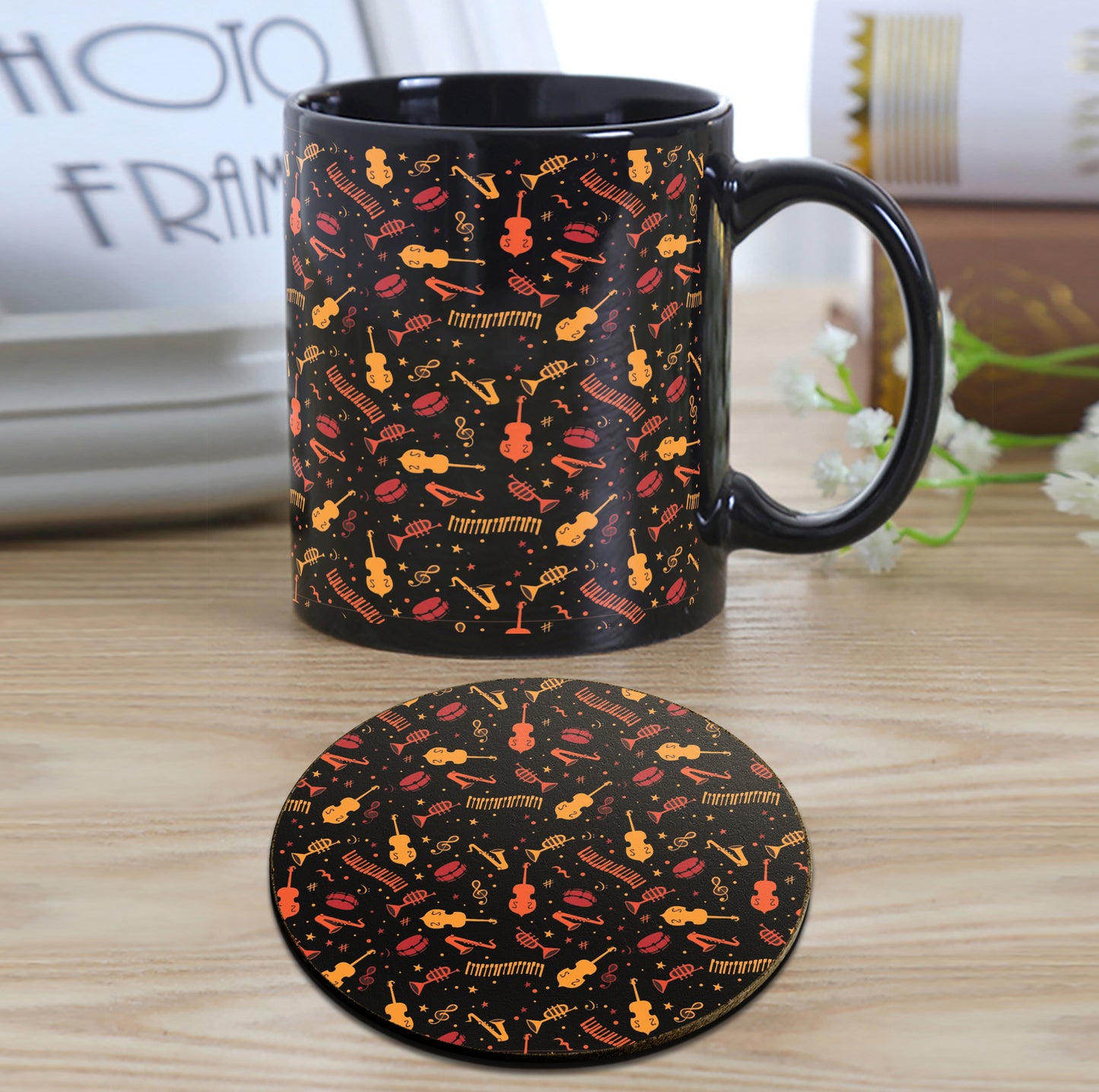 Music Instruments Pattern Design Full Black 330 ml Coffee Mug with Coaster