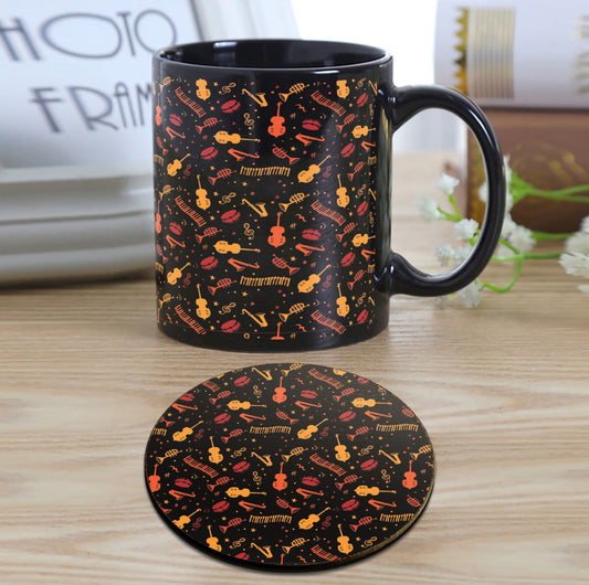 Music Instruments Pattern Design Full Black 330 ml Coffee Mug with Coaster