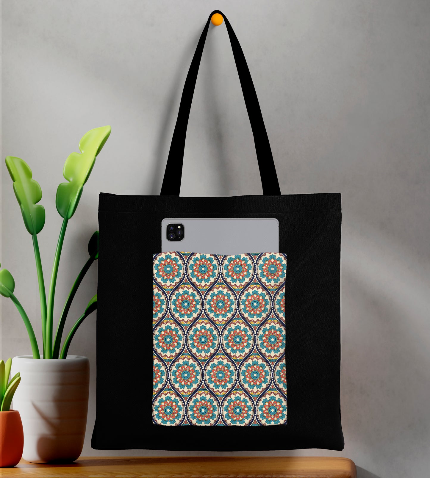 Ethnic mandala ornament illustration Design Printed Black Patch With Pocket Tote Bag (14 X 16 Inches) For Shopping, College, Travel