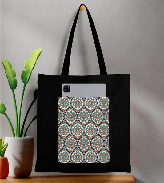 Ethnic mandala ornament illustration Design Printed Black Patch With Pocket Tote Bag (14 X 16 Inches) For Shopping, College, Travel