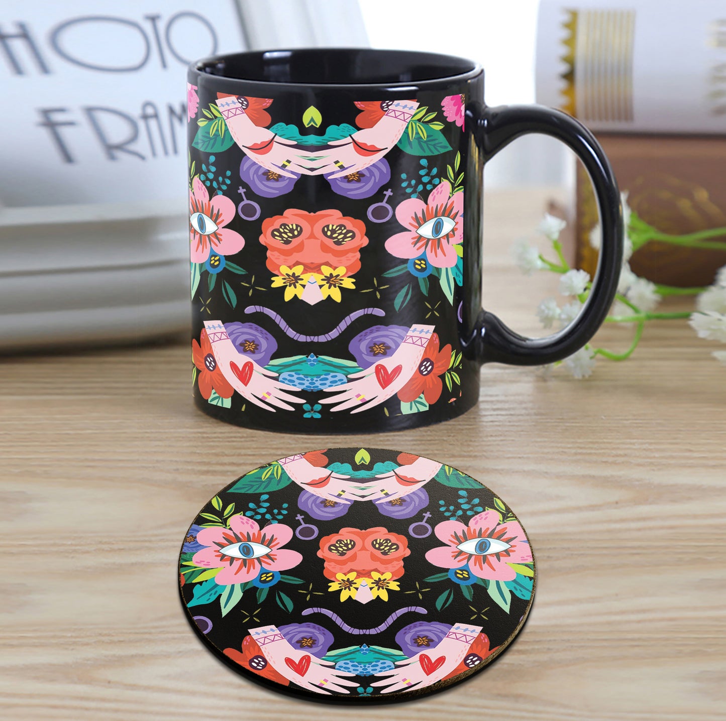 Flower and Eye pattern Design Full Black 330 ml Coffee Mug with Coaster