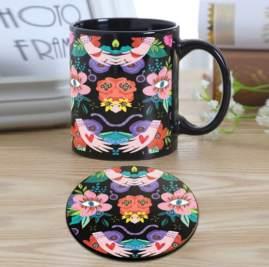 Flower and Eye pattern Design Full Black 330 ml Coffee Mug with Coaster