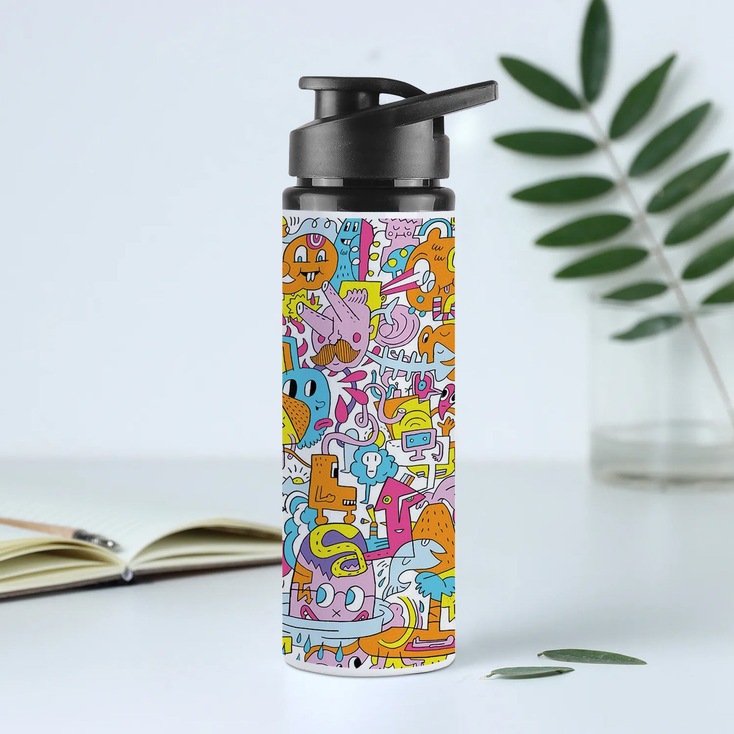 A colorful illustration of a group of people with different faces and the words Printed Eagle Shape Water Bottle 750 ml For Gym, Yoga, Kids, Boys, Girls, Brother, Sister, Babies, Baby, Workout, Adults