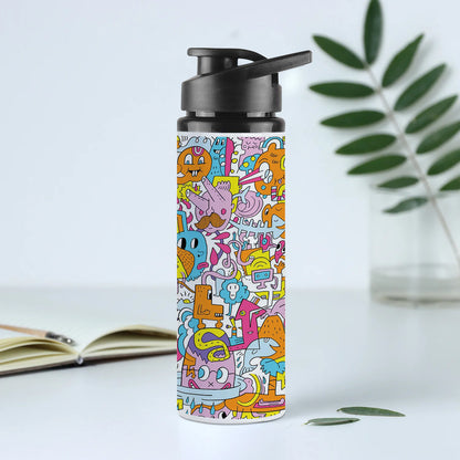 A colorful illustration of a group of people with different faces and the words Printed Eagle Shape Water Bottle 750 ml For Gym, Yoga, Kids, Boys, Girls, Brother, Sister, Babies, Baby, Workout, Adults