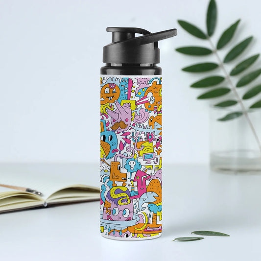 A colorful illustration of a group of people with different faces and the words Printed Eagle Shape Water Bottle 750 ml For Gym, Yoga, Kids, Boys, Girls, Brother, Sister, Babies, Baby, Workout, Adults