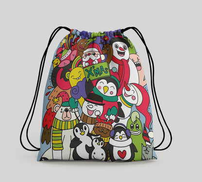 Hand Drawn Christmas Doodle Art Polyester String Backpack Bags for kids for Gym, Yoga, Tuition ,Beach Bag for 4-10 year boys and girls
