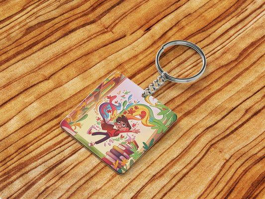Colorful School Library Books Printed Square Shape Wooden Keyring with Chain