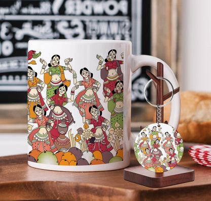 Traditional Kalamkari Seamless Pattern Mug and Keychain Combo 330 ml Coffee Mug