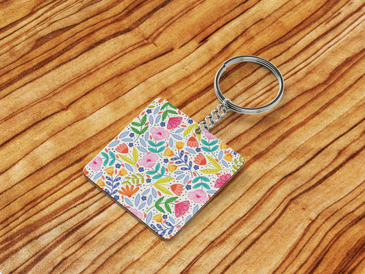 Amazing seamless floral pattern Printed Square Shape Wooden Keyring with Chain