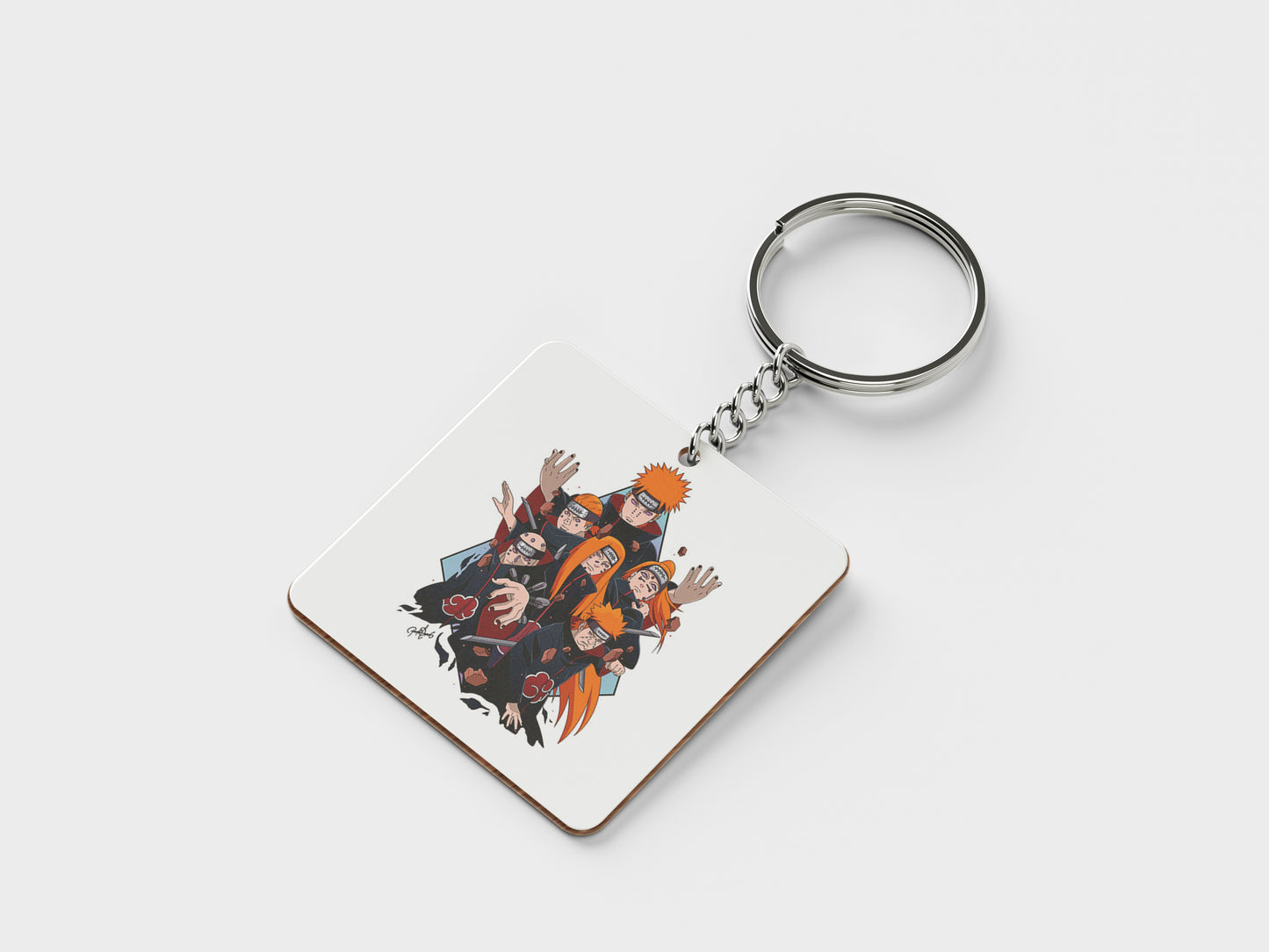 Six Paths of Pain Printed Square Shape Wooden Keyring with Chain