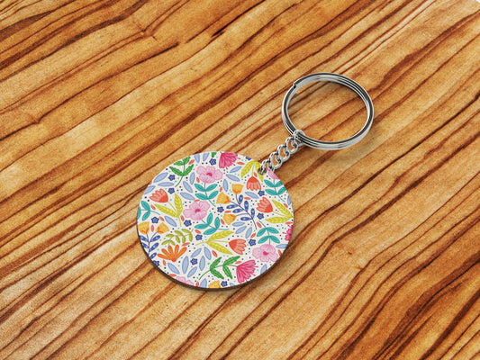 Amazing seamless floral pattern Printed Round Circle Shape Wooden Keyring with Chain