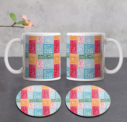 Textiles Design Combo Mugs and Coaster(Set of 2 Mugs and 2 coasters) 330 ml Coffee Mug