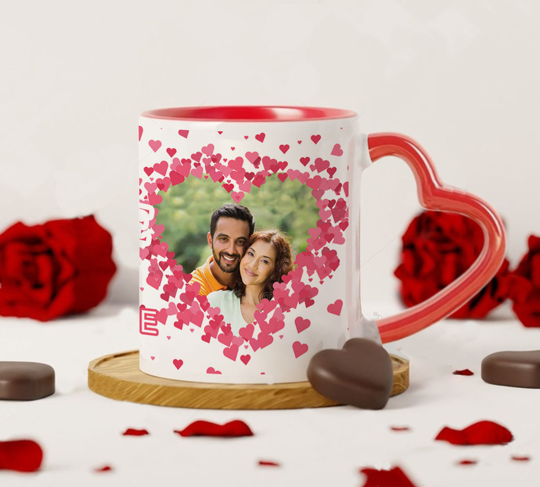 Couple Personalized Add Two Photos Red Heart Handle 330 ml Coffee Mug