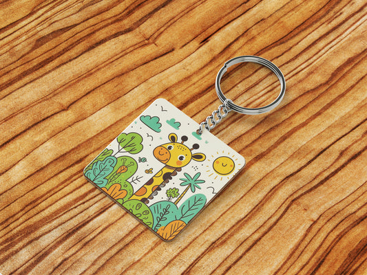 A cartoon drawing of giraffes and trees Printed Square Shape Wooden Keyring with Chain