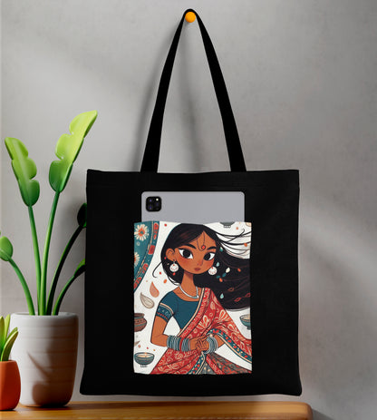 Young indian girl cartoon Design Printed Black Patch With Pocket Tote Bag (14 X 16 Inches) For Shopping, College, Travel