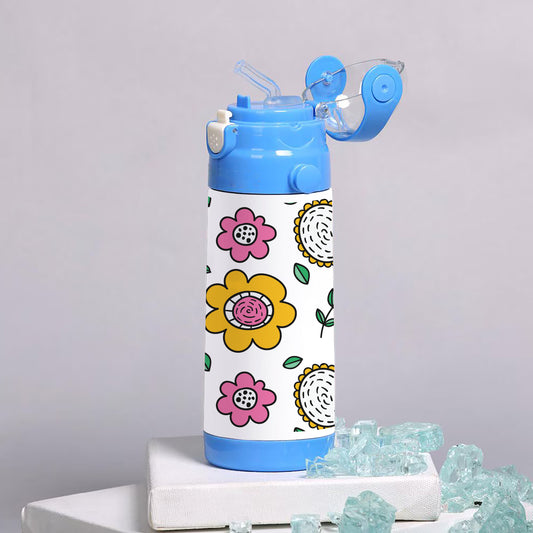 Flowers pattern insulated Water Bottle with Straw for Kids 500ml School Bottle, Picnic Bottle, Sipper Bottle, Leak Proof