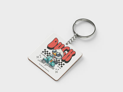 Duck - Lets Groove Design Printed Square Shape Wooden Keyring with Chain