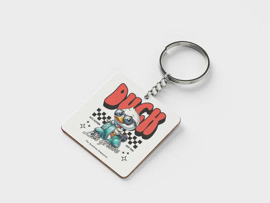 Duck - Lets Groove Design Printed Square Shape Wooden Keyring with Chain