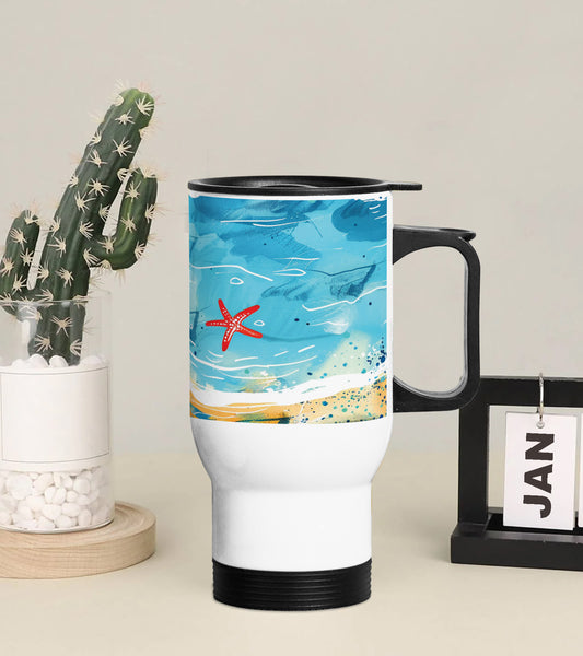 Cartoon illustration of a beach scene Printed 350ML Travel MUG