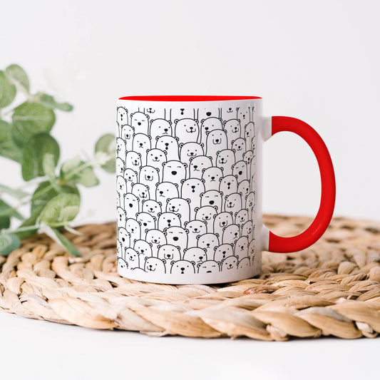 Black in white bear Doodle hand drawn pattern  Red Handle 330 ml Coffee Mug