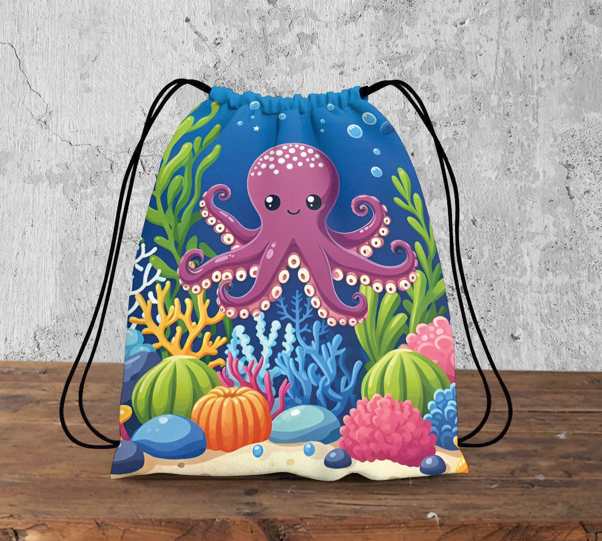 Octopus in Blue Sea Pattern Polyester String Backpack Bags for kids for Gym, Yoga, Tuition ,Beach Bag for 4-10 year boys and girls