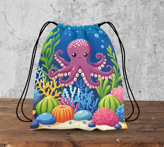Octopus in Blue Sea Pattern Polyester String Backpack Bags for kids for Gym, Yoga, Tuition ,Beach Bag for 4-10 year boys and girls