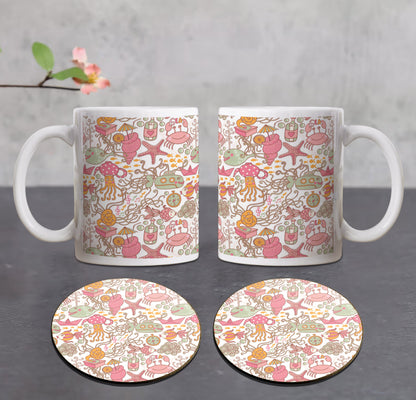 Sea Cartoon set seamless pattern Combo Mugs and Coaster(Set of 2 Mugs and 2 coasters) 330 ml Coffee Mug