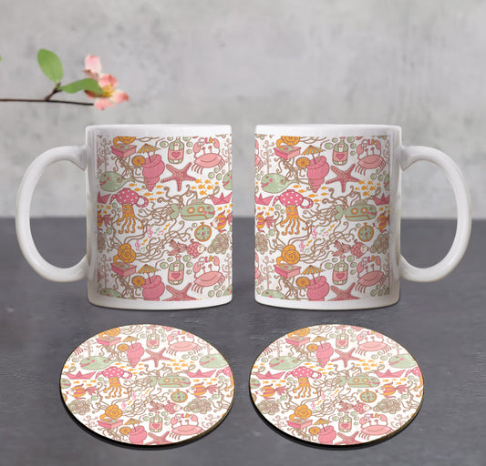 Sea Cartoon set seamless pattern Combo Mugs and Coaster(Set of 2 Mugs and 2 coasters) 330 ml Coffee Mug