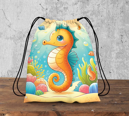 Beautiful Colorful Seahorse Pattern Polyester String Backpack Bags for kids for Gym, Yoga, Tuition ,Beach Bag for 4-10 year boys and girls