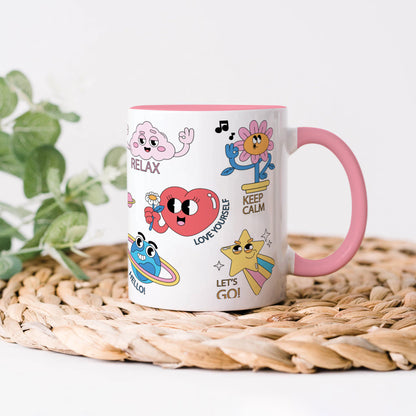 Hand drawn trendy cartoon badges design Light Pink Handle 330 ml Coffee Mug
