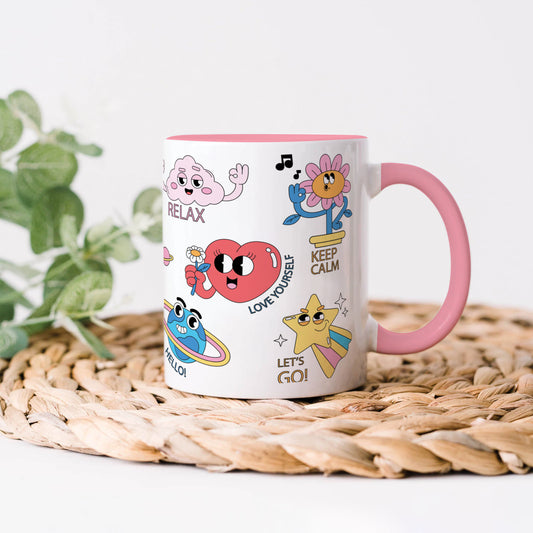 Hand drawn trendy cartoon badges design Light Pink Handle 330 ml Coffee Mug