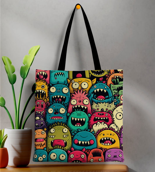Funny Monsters Pattern Printed Black Handle Tote Bag (14 X 16 Inches) For Shopping, College, Travel