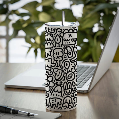 Black in white doodle art Printed 750ML with Lid Leak Proof Travel Tumbler with Straw