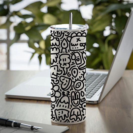 Black in white doodle art Printed 750ML with Lid Leak Proof Travel Tumbler with Straw