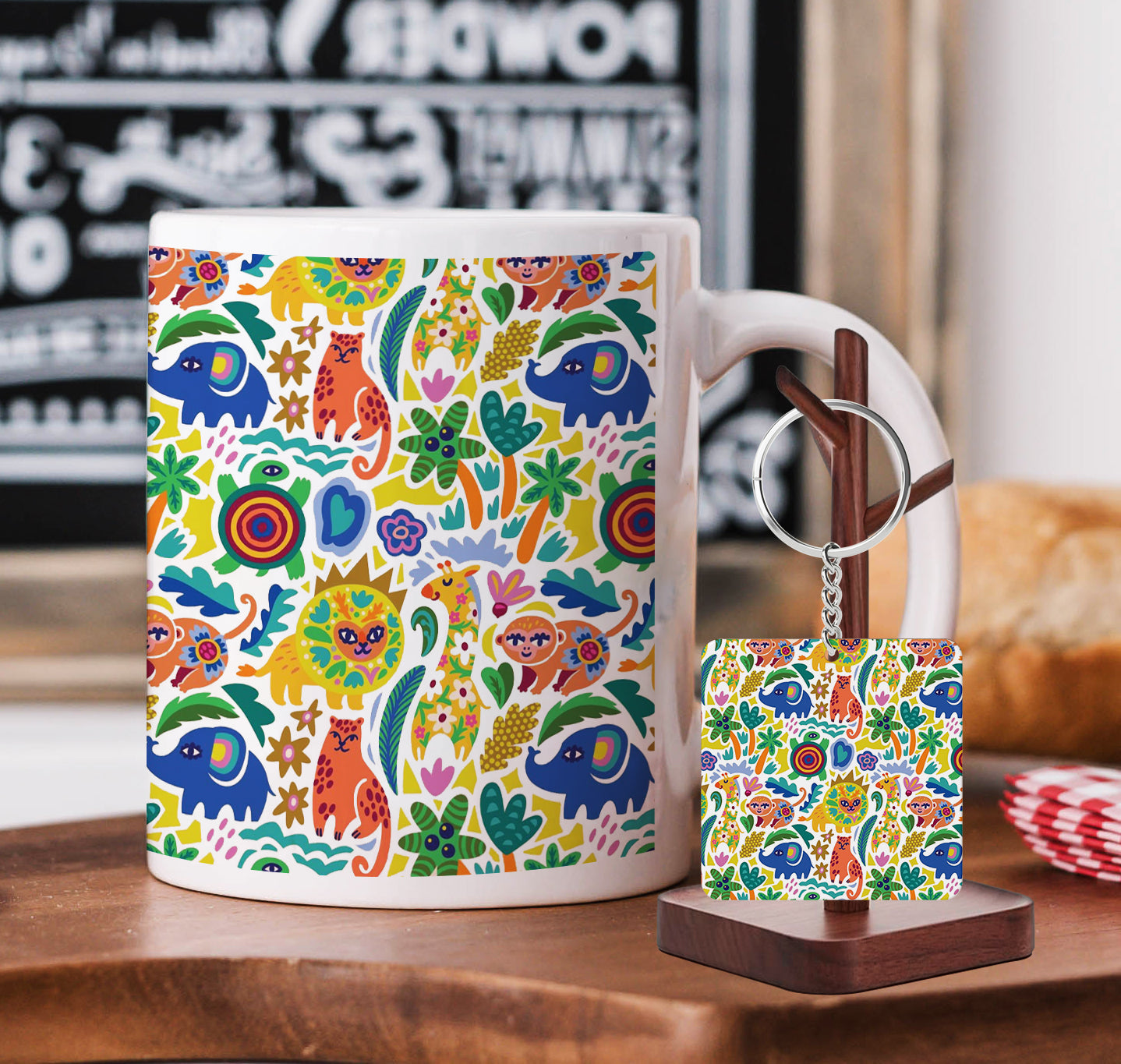 Seamless African Animals Pattern Printed 330 ml White Coffee Mug with Square Shape Wooden Keyring and Chain