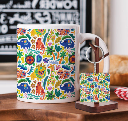 Seamless African Animals Pattern Printed 330 ml White Coffee Mug with Square Shape Wooden Keyring and Chain