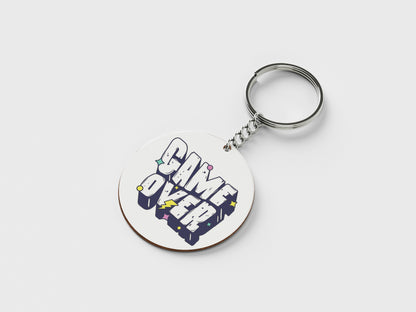 Game Over Digital Graphic Design Printed Circle Shape Wooden Keyring with Chain
