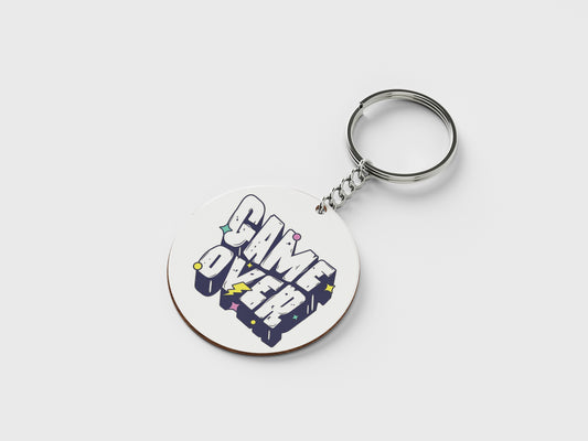 Game Over Digital Graphic Design Printed Circle Shape Wooden Keyring with Chain