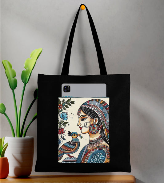 Modern Mandala Art Design Printed Black Patch With Pocket Tote Bag (14 X 16 Inches) For Shopping, College, Travel
