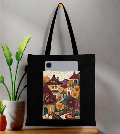 France city Art Design Printed Black Patch With Pocket Tote Bag (14 X 16 Inches) For Shopping, College, Travel