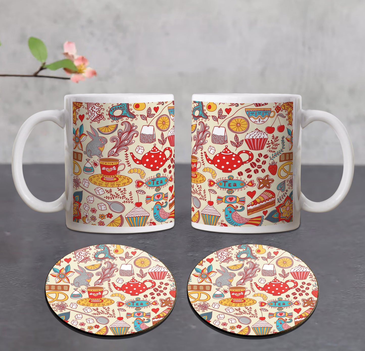 Tea and sweets seamless doodle pattern Combo Mugs and Coaster(Set of 2 Mugs and 2 coasters) 330 ml Coffee Mug