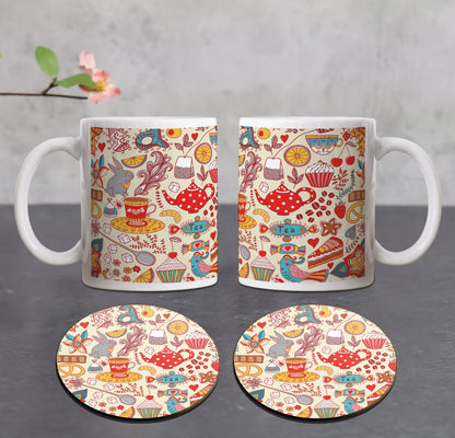 Tea and sweets seamless doodle pattern Combo Mugs and Coaster(Set of 2 Mugs and 2 coasters) 330 ml Coffee Mug