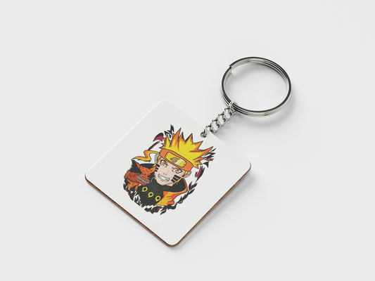 Artistic Impression Naruto Uzumaki Printed Square Shape Wooden Keyring with Chain