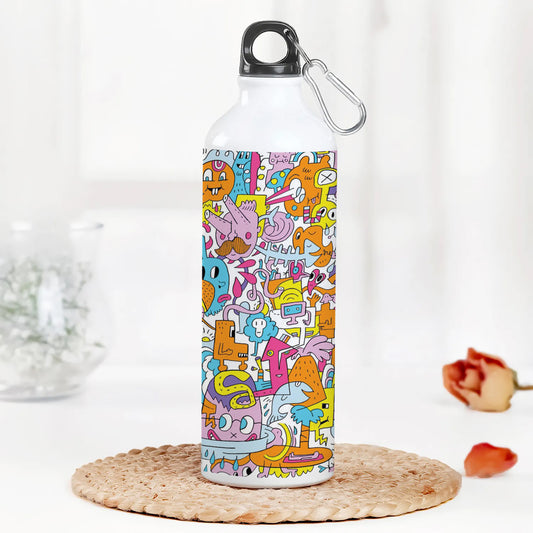 A colorful illustration of a group of people with different faces and the words Printed Normal Sipper Water Bottle 750 ml For Gym, Yoga, Kids, Boys, Girls, Brother, Sister, Babies, Baby, Workout, Adults