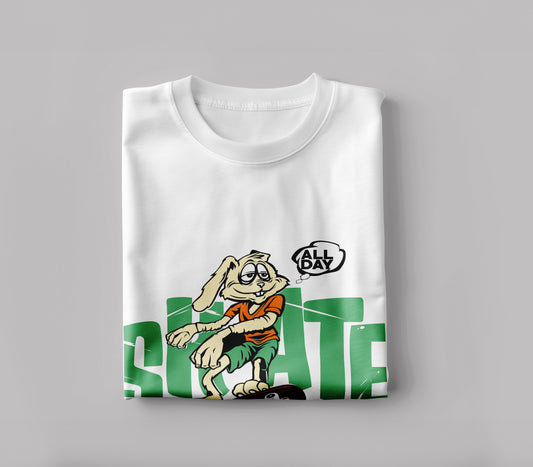 Bunny with Skateboard Text All Day Skate design Printed White Round Neck Polyester T Shirt for Mens and woman's