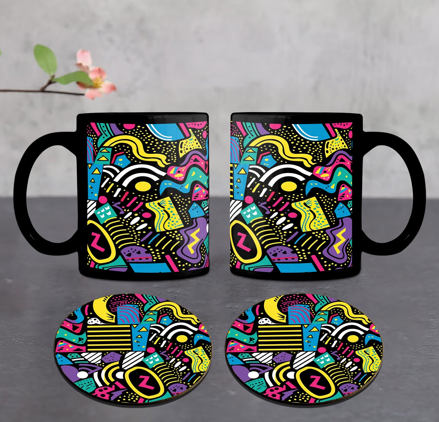Doodle Art Seamless Shapes and Textures Pattern Combo Mugs and Coaster(Set of 2 Mugs and 2 coasters) 330 ml Full Black Coffee Mug