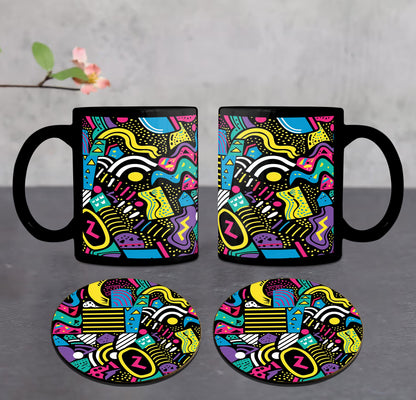 Doodle Art Seamless Shapes and Textures Pattern Combo Mugs and Coaster(Set of 2 Mugs and 2 coasters) 330 ml Full Black Coffee Mug