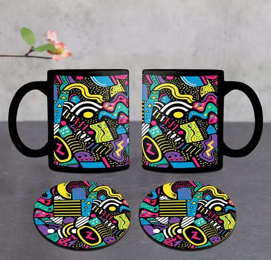Doodle Art Seamless Shapes and Textures Pattern Combo Mugs and Coaster(Set of 2 Mugs and 2 coasters) 330 ml Full Black Coffee Mug
